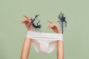 Female's hands, which hold dry plants, arms are wearing white panties. Green background. The concept of epilation of intimate areas and gynecology.