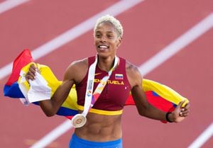 Venezuela's Yulimar Rojas celebrates after the women's triple jump final at the World Athletics Championships Oregon22 in Eugene, Oregon, the United States, July 18, 2022. (Photo by Wang Ying/Xinhua via Getty Images)