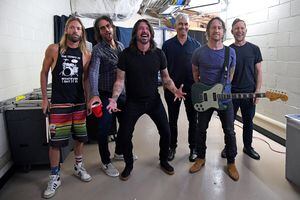 NEW YORK, NEW YORK - JUNE 20: (L-R) Taylor Hawkins, Rami Jaffee, Dave Grohl, Pat Smear, Chris Shiflett, and Nate Mendel pose backstage as The Foo Fighters reopen Madison Square Garden on June 20, 2021 in New York City. The concert, with all attendees vaccinated, is the first in a New York arena to be held at full-capacity since March 2020 when the pandemic lead to the closure of live performance venues.   (Photo by Kevin Mazur/Getty Images for FF)