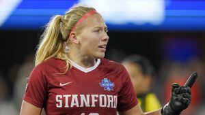 SAN JOSE, CA - DECEMBER 8: Stanford Cardinal goalkeeper Katie Meyer #19 during a game between UNC and Stanford Soccer W at Avaya Satdium on December 8, 2019 in San Jose, California. (Photo by John Todd/ISI Photos/Getty Images).