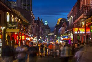 Pedestrian friendly Bourbon Street is lined with clubs and bars in New Orleans, Louisiana.