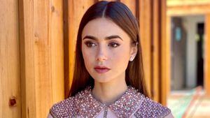 OJAI, CA - FEBRUARY 22:  Lily Collins is seen in her award show look for the 27th Annual Screen Actors Guild Awards on February 22, 2021 in Ojai, California. Due to COVID-19 restrictions the 2021 SAG Awards will be a one-hour, pre-taped event airing April 4 on TNT and TBS.  (Photo by Megan Gray via Getty Images)