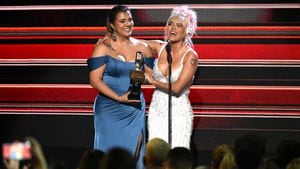 CORAL GABLES, FLORIDA - OCTOBER 05: Valentina Bueno and Karol G speak onstage during the 2023 Billboard Latin Music Awards at Watsco Center on October 05, 2023 in Coral Gables, Florida. (Photo by Jason Koerner/Getty Images)