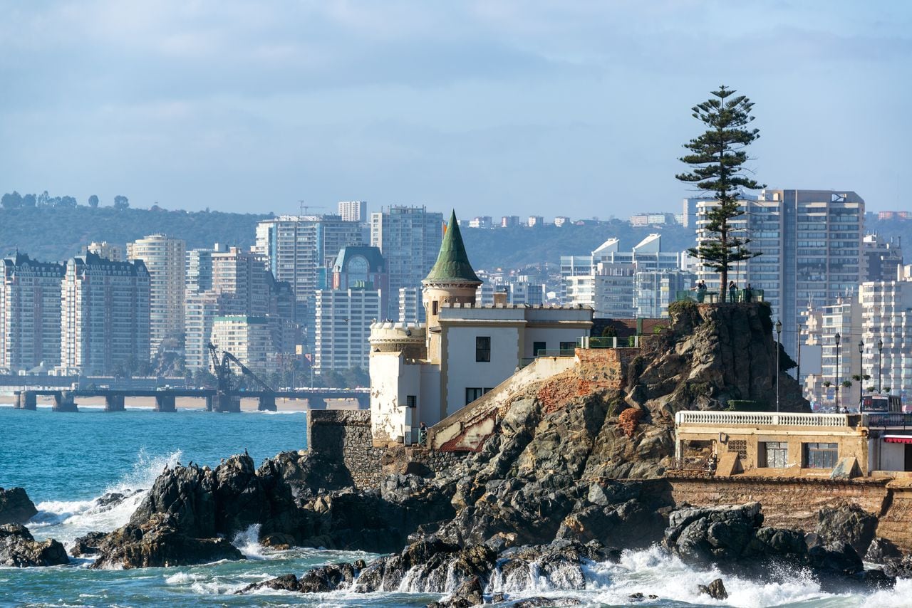 View of Wulff Castle with apartment buildings in the background in Vina del Mar, Chile
