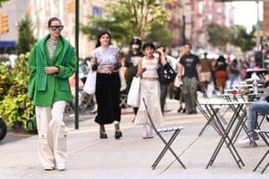 NEW YORK, NEW YORK - SEPTEMBER 10: Marina Ingvarsson is seen wearing a green jacket and sweater with white pants outside the Tibi show during New York Fashion Week S/S 2023 on September 10, 2022 in New York City. (Photo by Daniel Zuchnik/Getty Images)