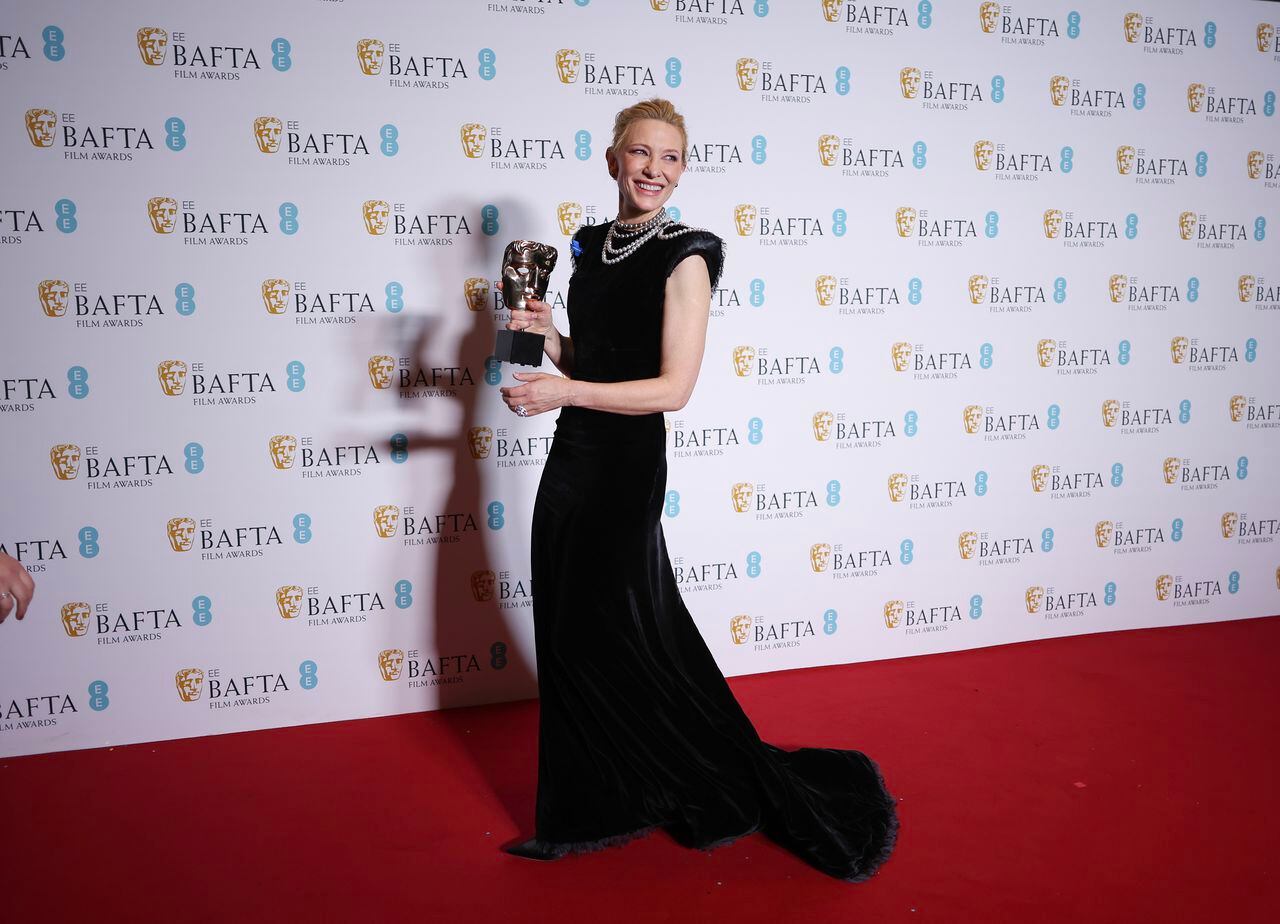 LONDON, ENGLAND - FEBRUARY 19: Cate Blanchett poses in the Winners Room at EE BAFTA Film Awards 2023 at The Royal Festival Hall on February 19, 2023 in London, England. (Photo by Mike Marsland/WireImage)