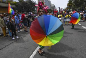 Member's of the LGBTIQ community take part in the Pride Parade in Bogota, on July 4, 2021. (Photo by Juan BARRETO / AFP)