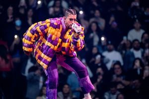 LOS ANGELES, CALIFORNIA - FEBRUARY 24: Bad Bunny performs at Crypto.com Arena on February 24, 2022 in Los Angeles, California. (Photo by Timothy Norris/Getty Images)