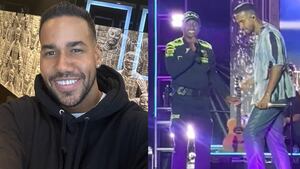 El dominicano cantó con su particular imitador en Medellín. Fotos: Instagram @romeosantos - X @Miguel_G_1_1.