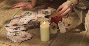 Beautiful female artist sitting on the floor, using palo santo smoke and divination cards. Tent in desert oasis