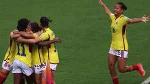 GOA, INDIA - OCTOBER 22: Gabriela Rodriguez of Colombia is congratulated by Linda Caicedo of Colombia on scoring her teams third goal during the FIFA U-17 Women's World Cup 2022 Quarter Final match between Colombia and Tanzania at Pandit Jawaharlal Nehru Stadium on October 22, 2022 in Goa, India. (Photo by Matthew Lewis - FIFA/FIFA via Getty Images)