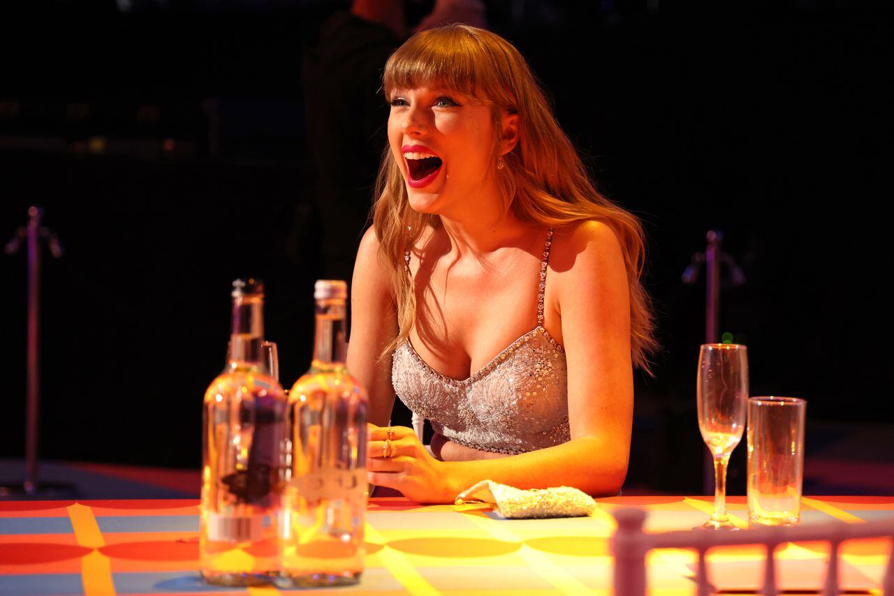 LONDON, ENGLAND - MAY 11: Taylor Swift, winner of the Global icon Award, laughs during The BRIT Awards 2021 at The O2 Arena on May 11, 2021 in London, England. (Photo by JMEnternational/JMEnternational for BRIT Awards/Getty Images)