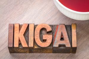 ikigai - Japanese concept  - a reason for being or a reason to wake up - word abstract in vintage wood type with a cup of tea