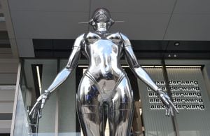 TOKYO, JAPAN - AUGUST 07:  The seven-meter high, aluminum die cast mold "Sexy Robot Floating" installation created by Hajime Sorayama is displayed at Shibuya Parco flagship store on August 7, 2020 in Tokyo, Japan.  (Photo by Jun Sato/WireImage)