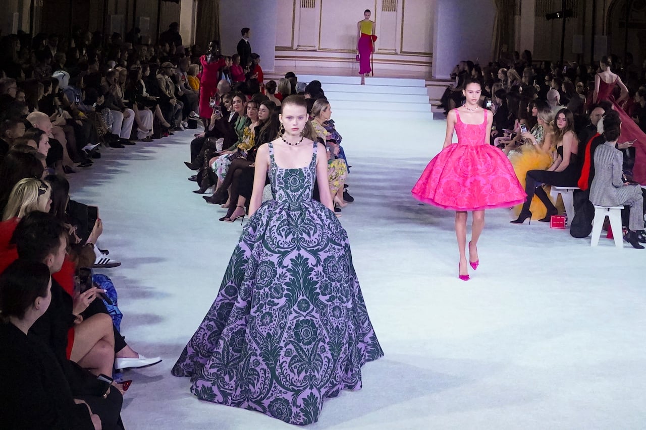 Fashion from the Carolina Herrera latest collection is modeled during Fashion Week, Monday Feb. 13, 2023, in New York. (AP Photo/Bebeto Matthews)
