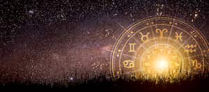 Astrological zodiac signs inside of horoscope circle. Astrology, knowledge of stars in the sky over the milky way and moon.