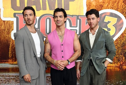 BURBANK, CALIFORNIA - AUGUST 10: (L-R) Kevin Jonas, Joe Jonas and Nick Jonas attend the Los Angeles premiere of Disney's "Camp Rock 3" at Walt Disney Studios on August 10, 2026 in Burbank, California. (Photo by Monica Schipper/Getty Images)