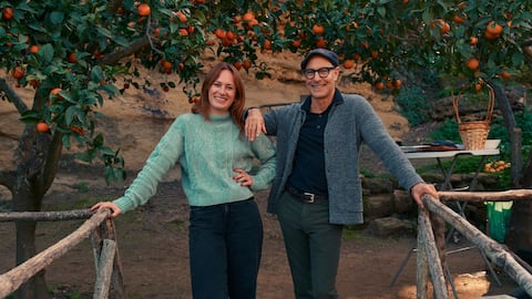 Stanley Tucci, right, with Federica Salvo, the director of Kolymbethra. (credit: National Geographic/Matt Holyoak)