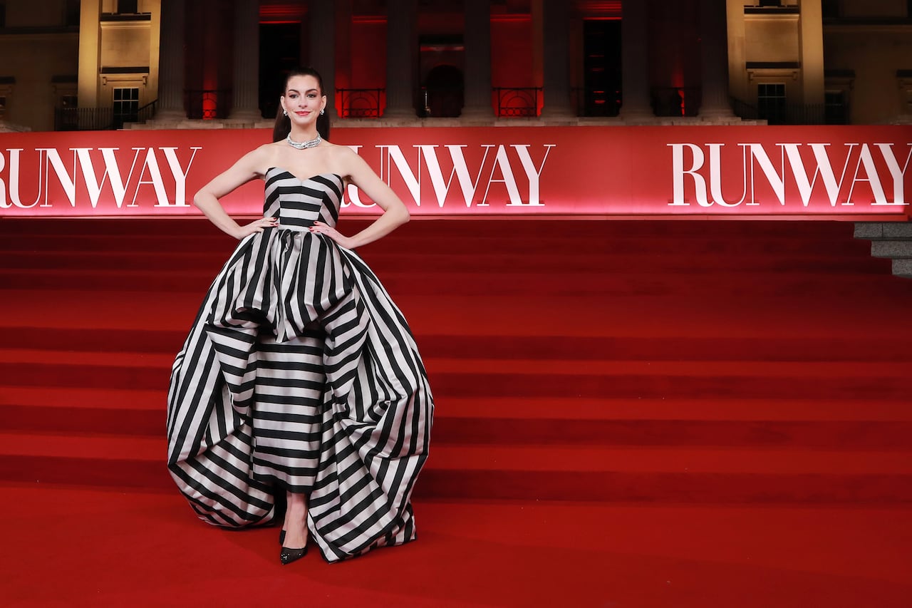 LONDON, ENGLAND - APRIL 22: Anne Hathaway poses outside The National Gallery for "A Night With Runway", a gala reception in celebration of "The Devil Wears Prada 2", on April 22, 2026 in London, England. (Photo by Grant Buchanan/Dave Benett/WireImage)