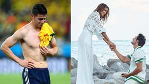 A la izquierda, James Rodríguez. A la derecha, Daniela Ospina recibiendo la propuesta de matrimonio de su novio, Daniel Coronel.