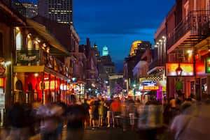 Pedestrian friendly Bourbon Street is lined with clubs and bars in New Orleans, Louisiana.