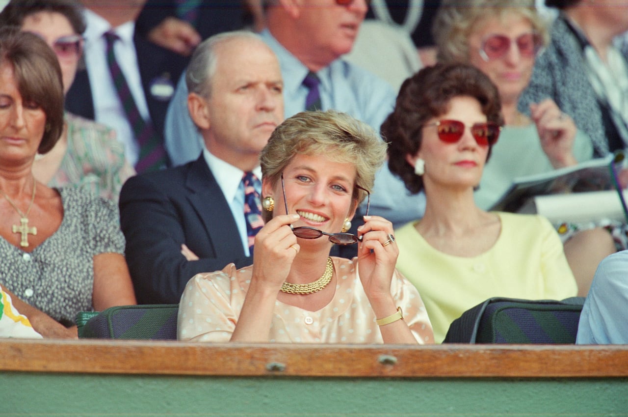 Princess Diana, Princess of Wales, attends the 1993 Men's Singles Wimbledon Tennis Final. She wears or attends to her sunglasses for most of the pictures on this sunny day as it was. The Princess is shown sitting next to her mother Frances Shand Kydd. Regarding the match, Pete Sampras defeated Jim Courier 7ø(7ø), 7ø(8ø), 3ø, 6øin the final to win the Gentlemen's Singles title at the 1993 Wimbledon Championships. This was the first of Pete's Open Era record of seven Wimbledon titles. Picture taken 4th July 1993. (Photo by Brendan Monks/Mirrorpix/Getty Images)