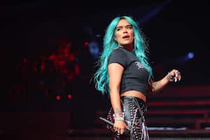 GRAND PRAIRIE, TX - DECEMBER 09: Karol G performs on stage during her 'Bichota' Tour at Texas Trust CU Theatre on December 9, 2021 in Grand Prairie, Texas. (Photo by Omar Vega/Getty Images)