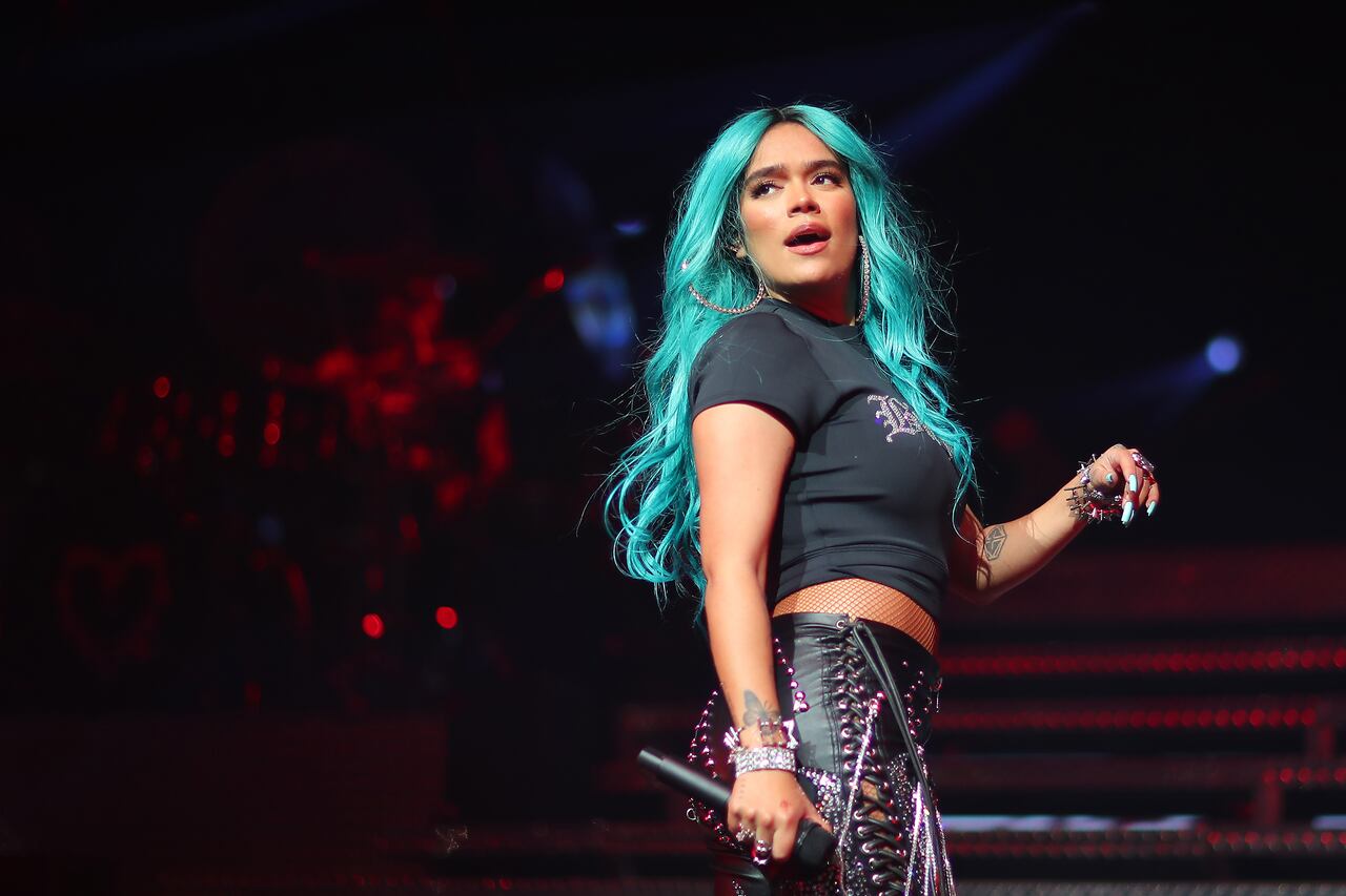 GRAND PRAIRIE, TX - DECEMBER 09: Karol G performs on stage during her 'Bichota' Tour at Texas Trust CU Theatre on December 9, 2021 in Grand Prairie, Texas. (Photo by Omar Vega/Getty Images)