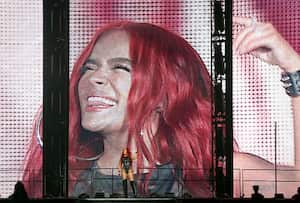 MIAMI, FL - SEPTEMBER 22: Karol G performs on stage during her "$trip Love" Tour at FTX Arena on September 22, 2022 in Miami, Florida. (Photo by Alexander Tamargo/Getty Images)