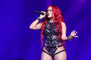 MIAMI, FLORIDA - SEPTEMBER 22: Karol G performs during her "$trip Love" Tour at FTX Arena on September 22, 2022 in Miami, Florida. (Photo by John Parra/WireImage)