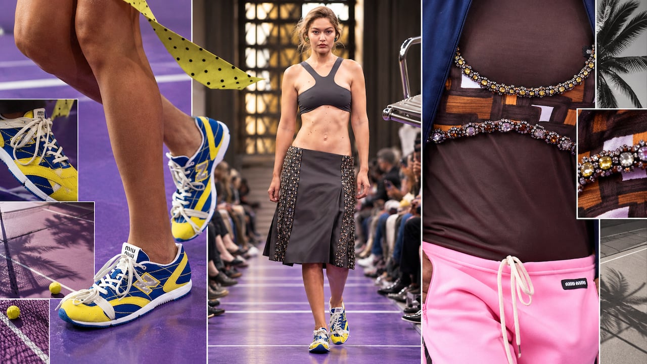 Miu Miu lleva prendas deportivas fuera del gimnasio y las mezcla con piezas de sastrería y tejidos delicados.