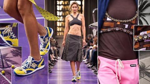 Miu Miu lleva prendas deportivas fuera del gimnasio y las mezcla con piezas de sastrería y tejidos delicados.