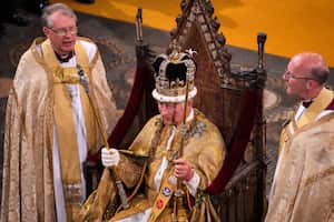 Britain's King Charles III with the St Edward's Crown on his head attends the Coronation Ceremony inside Westminster Abbey in central London on May 6, 2023. - The set-piece coronation is the first in Britain in 70 years, and only the second in history to be televised. Charles will be the 40th reigning monarch to be crowned at the central London church since King William I in 1066. Outside the UK, he is also king of 14 other Commonwealth countries, including Australia, Canada and New Zealand. Camilla, his second wife, will be crowned queen alongside him and be known as Queen Camilla after the ceremony. (Photo by Aaron Chown / POOL / AFP)