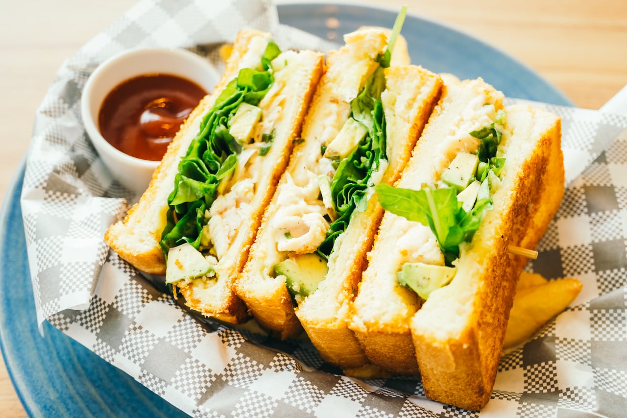 Sandwich with avocado and chicken meat with french fries and tomato sauce - Color Filter Processing