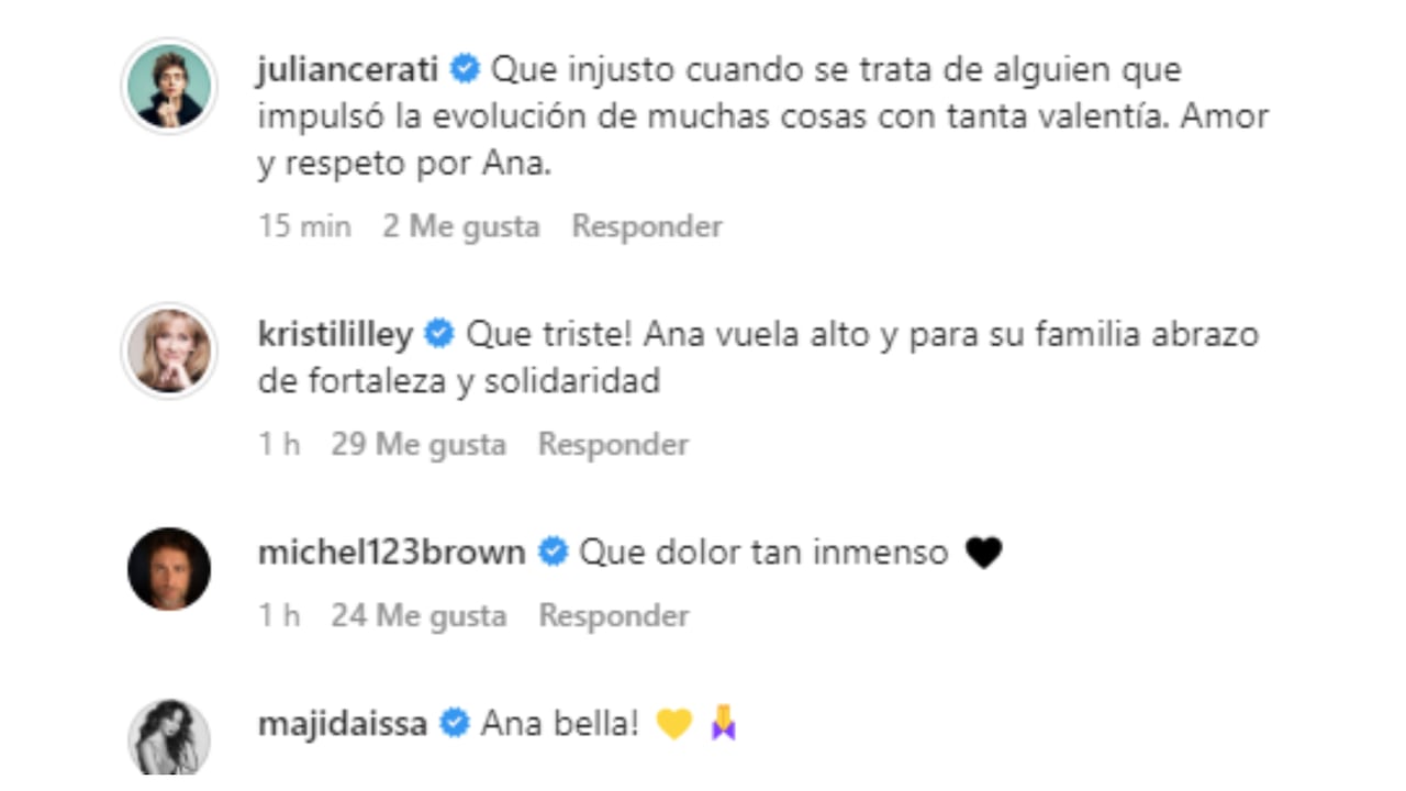 Reacciones de famosos al darse a conocer la noticia del fallecimiento de Ana Piñeres.