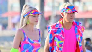 LOS ANGELES CA - JUNE 27: Margot Robbie and Ryan Gosling on rollerblades film new scenes for 'Barbie' in Venice California. 27 Jun 2022. (Photo by MEGA/GC Images)