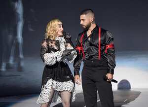 LAS VEGAS, NV - MAY 01: (L-R) Madonna and Maluma perform onstage during the 2019 Billboard Music Awards at MGM Grand Garden Arena on May 1, 2019 in Las Vegas, Nevada. (Photo by Kevin Mazur/Getty Images for dcp)