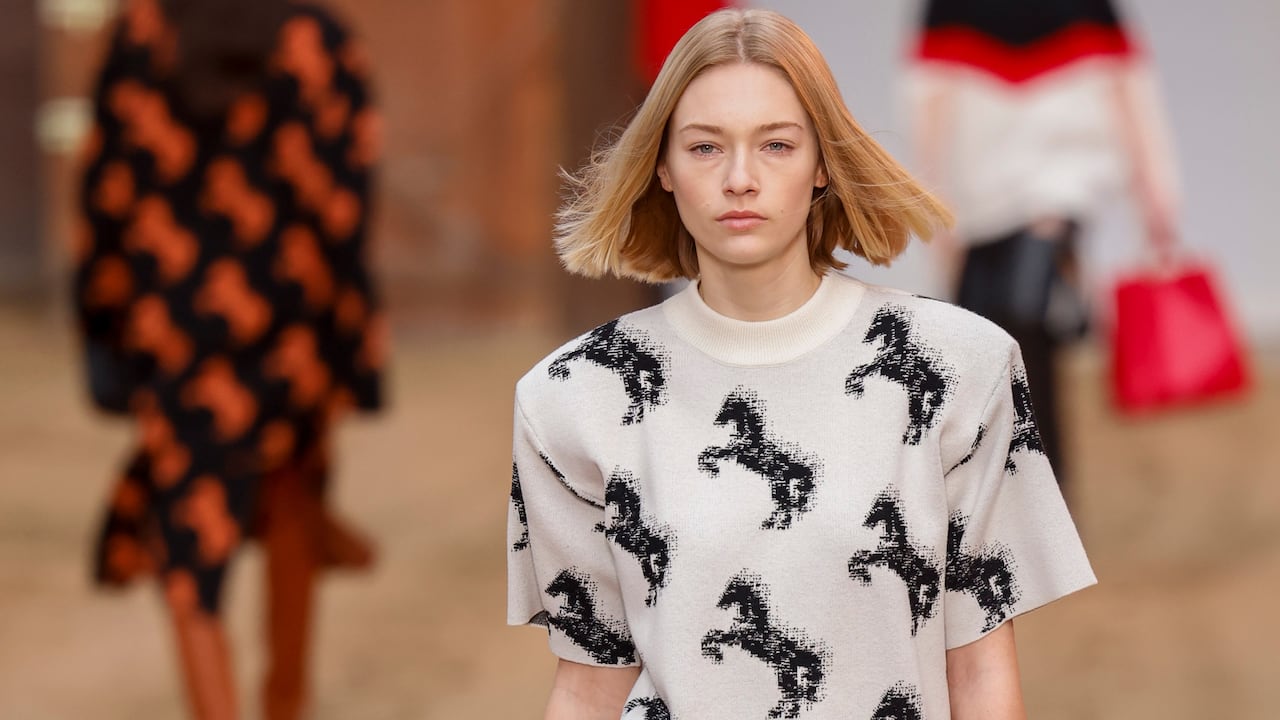 A model wears a creation as part of the Stella McCartney Fall/Winter 2023-2024 ready-to-wear collection presented Monday, March 6, 2023 in Paris. (Vianney Le Caer/Invision/AP)