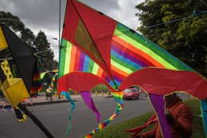 BOGOTA - COLOMBIA, AUGUST 09: People enjoy the Bogota's summer fest at the Simon Bolivar's Park, during the Wind and Kite Festival in Bogota, Colombia on August 09, 2019. (Photo by Juancho Torres/Anadolu Agency via Getty Images)