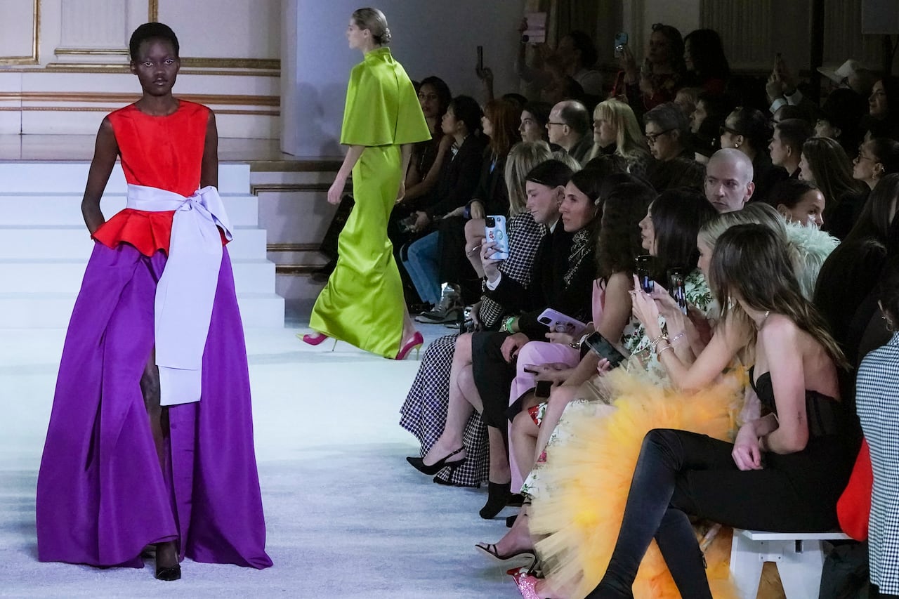 Fashion from Carolina Herrera is modeled during Fashion Week, Monday Feb. 13, 2023 in New York. (AP Photo/Bebeto Matthews)