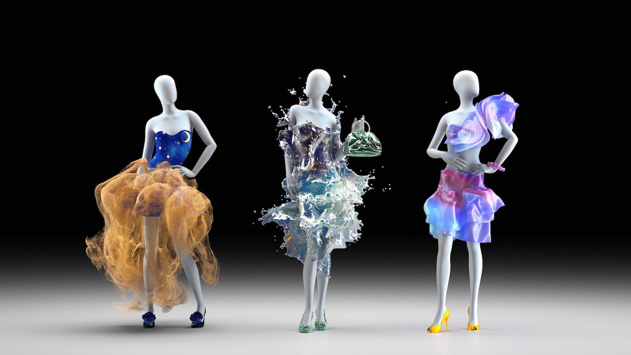 Three female models in extravagant outfits, CGI.