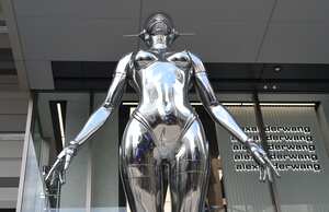 TOKYO, JAPAN - AUGUST 07:  The seven-meter high, aluminum die cast mold "Sexy Robot Floating" installation created by Hajime Sorayama is displayed at Shibuya Parco flagship store on August 7, 2020 in Tokyo, Japan.  (Photo by Jun Sato/WireImage)