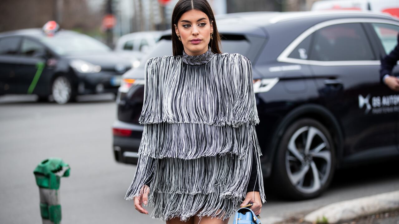 PARIS, FRANCE - FEBRUARY 28: Aida Domenech is seen wearing grey dress, blue bag outside Balmain during Paris Fashion Week - Womenswear Fall/Winter 2020/2021 : Day Five on February 28, 2020 in Paris, France. (Photo by Christian Vierig/Getty Images)