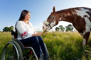 Woman sitting in her wheelchair, stroking and pampering her horse in open field with sunset light.