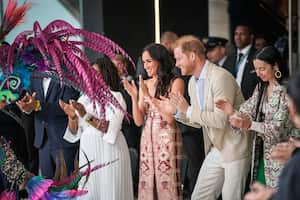 BOGOTA, COLOMBIA - AUGUST 15: Vice President of Colombia Francia Márquez, Meghan, Duchess of Sussex and Prince Harry, Duke of Sussex attend a folkloric presentation at Centro Nacional de las Artes Delia Zapata during their visit to Colombia on August 15, 2024 in Bogota, Colombia. (Photo by Diego Cuevas/Getty Images)