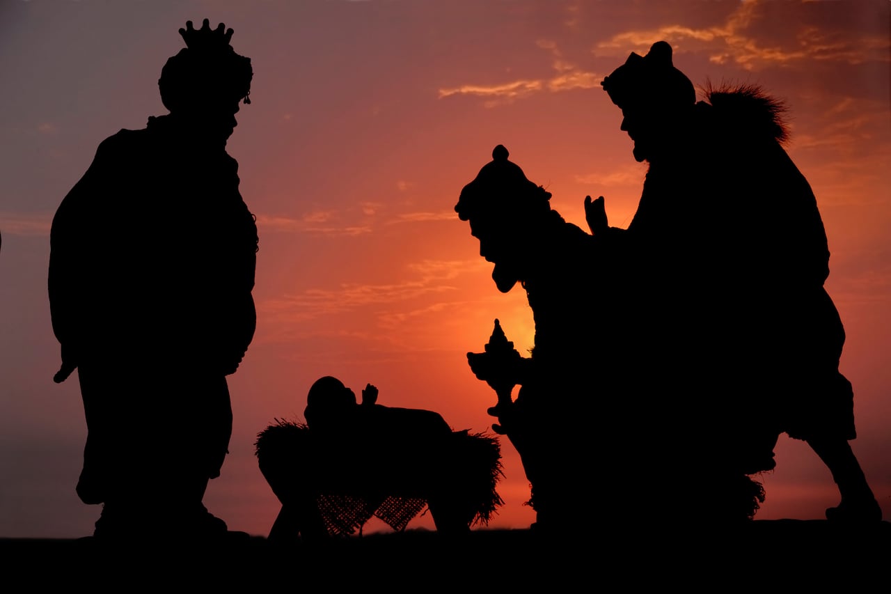 A photographed Silhouette of the Three Kings and Jesus against a sunset sky. (not an illustration).PLEASE CLICK ON THE IMAGE BELOW TO SEE MY LIGHTBOX CONTAINING ALL OF MY SILHOUETTE IMAGES: